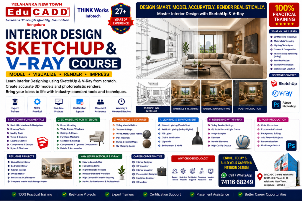 Interior Sketchup and V-Ray Educadd Centre Yelahanka Bangalore, Best and Top Civil Engineering Civil Cadd Course Training Centre Edu CADD
