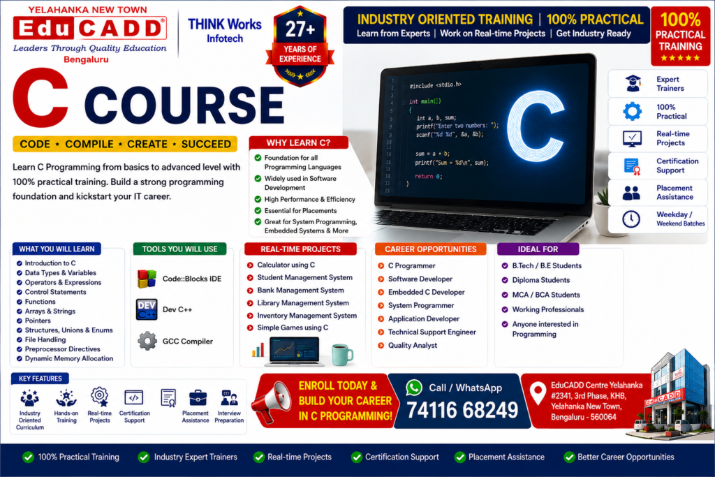 Build a strong foundation in programming with the C Programming Course at EduCADD Centre Yelahanka. This practical, industry-focused training program is designed for students, beginners, diploma holders, engineering students, IT aspirants, and working professionals who want to learn C programming from scratch to advanced concepts. C is one of the most powerful and widely used programming languages, forming the foundation for software development, embedded systems, operating systems, and application programming. Gain hands-on practical training with real-time coding projects and become job-ready for programming careers.
